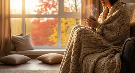 A woman is sitting in a chair with a mug of coffee in her hand, fall, autumn. The mug is steaming and the woman is wearing a sweater
