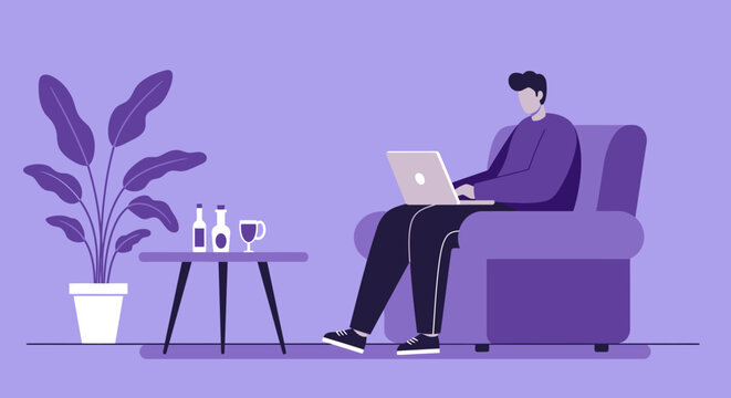 Man working on a laptop from a comfy armchair at home. Represents remote work, online learning, or relaxed digital lifestyle.