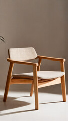 Light wooden armchair with upholstered seat in soft ambient setting