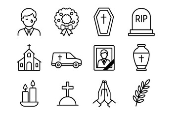 Funeral and memorial outline icon set. Concepts of death, mourning, ceremony, burial, grief, and loss. Vector pack with coffin, tombstone, RIP, urn, church, hearse, wreath.