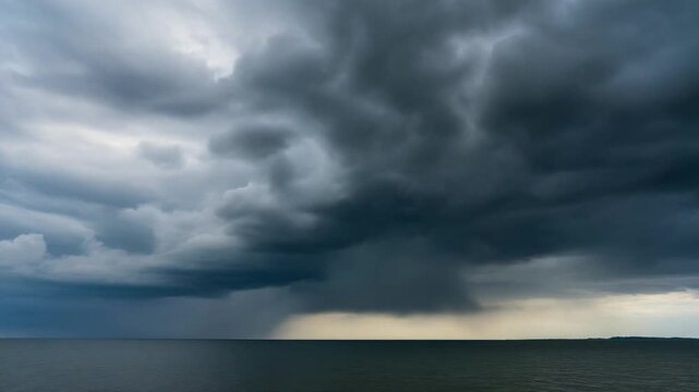 Timelapse of dark storm clouds gathering and rolling across the sky, photorealistic, dramatic atmosphere, wide horizon view, cinematic style