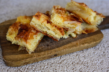 Home made  traditional bulgarian  cheese pie  with phyllo pastry and organic eggs. Bulgarian banitsa