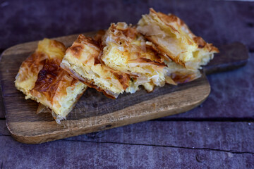 Home made  traditional bulgarian  cheese pie  with phyllo pastry and organic eggs. Bulgarian banitsa
