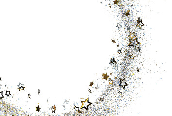 Sparkling gold and silver stars on white. Perfect for holiday, celebration, or festive designs.
