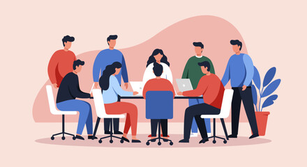 Diverse business team collaborates in a modern office meeting, discussing ideas and strategy. Depicts teamwork, productivity, and professional development.