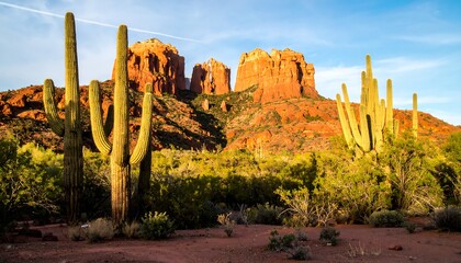 Arizona desert landscape with saguaro cacti and red rock formations at sunset