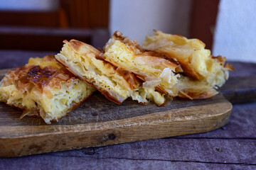 Home made  traditional bulgarian  cheese pie  with phyllo pastry and organic eggs. Bulgarian banitsa