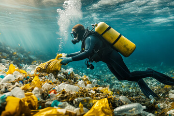 Scuba diver collecting plastic waste from polluted ocean floor. Underwater cleanup action for environmental protection, with sunlight and bubbles.