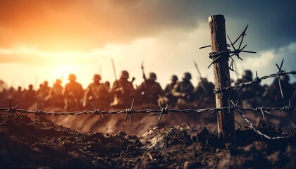 Barbed wire on war zone with soldiers on background, a symbolic scenery