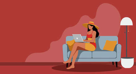 Focused woman in a swimsuit and sun hat working on a laptop from a comfortable sofa, representing flexible remote work and summer leisure.
