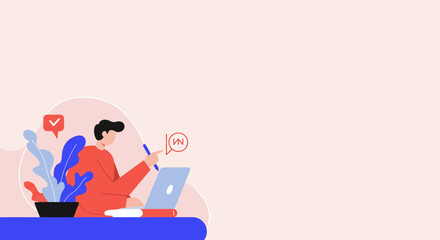 An illustrated person works productively on a laptop with a pen, surrounded by a plant and icons, symbolizing digital creativity, online learning, or modern remote work solutions.