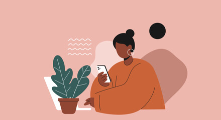 A diverse person is actively engaged with a smartphone and laptop in a modern, minimalist setting, symbolizing digital communication, remote work, or online leisure.