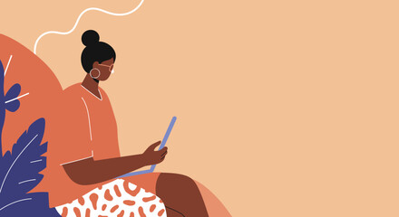 Young woman working remotely on laptop, surrounded by stylized plants. Ideal for concepts of freelance, online learning, and digital lifestyle.