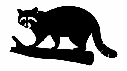 Raccoon silhouette perched on a branch in black and white, showing its tail and facial markings clearly