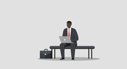 Focused African American businessman in a suit working on a laptop while seated on a bench with a briefcase. Represents remote work, productivity, and modern business.