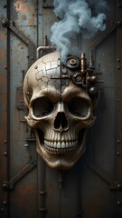 An intricate steampunk human skull with exposed gears and pipes, symbolizing the fusion of man and machine against an industrial backdrop
