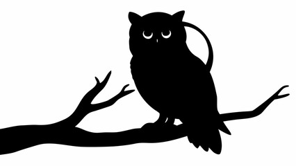Silhouette of an owl perched on a branch with a white background in a simple and minimalist style art