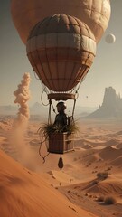 Fantastic voyage of a solitary explorer drifting in a hot air balloon over a vast and surreal desert landscape at sunrise