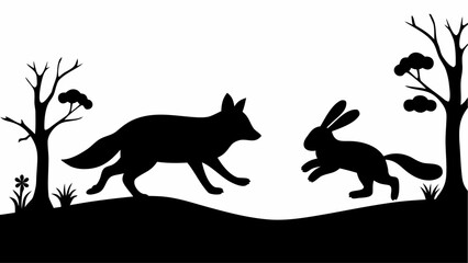 Silhouette of a fox chasing a rabbit across a landscape with bare trees and small plants in black and white