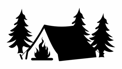 Fototapeta premium Illustration of a camping scene with a tent, a bonfire, and three pine trees in a simple black silhouette