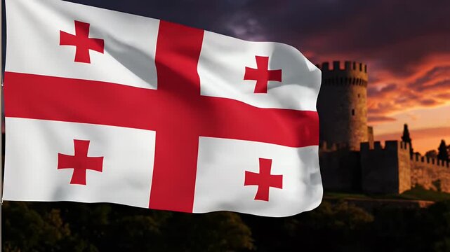 Majestic Georgian flag waves proudly against a dramatic sunset illuminating ancient castle walls, symbolizing heritage and strength