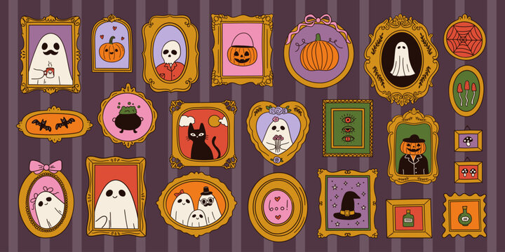 Collection of fancy frames with kind ghost portraits. Funny halloween spirits and monsters clipart. Ornate pictures gallery in haunted house. Decorative vector art
