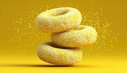 Three yellow donuts with sprinkles levitating on a yellow background
