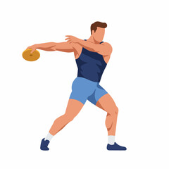 Muscular male athlete powerfully throws discus in dynamic athletic pose