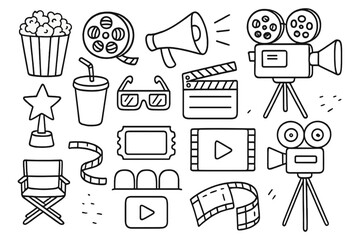 Cinema doodle set with hand drawn movie icons. Film production equipment, camera, clapperboard, popcorn, 3d glasses. Entertainment vector cartoon illustration collection.