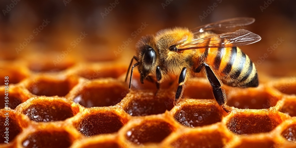 Poster honeybee collecting nectar for golden honeycomb production in a beekeeping apiary setting