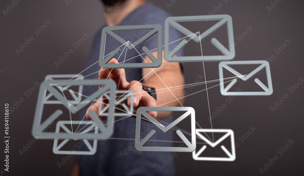 Poster visual representation of interconnected emails, global communication, networking.
