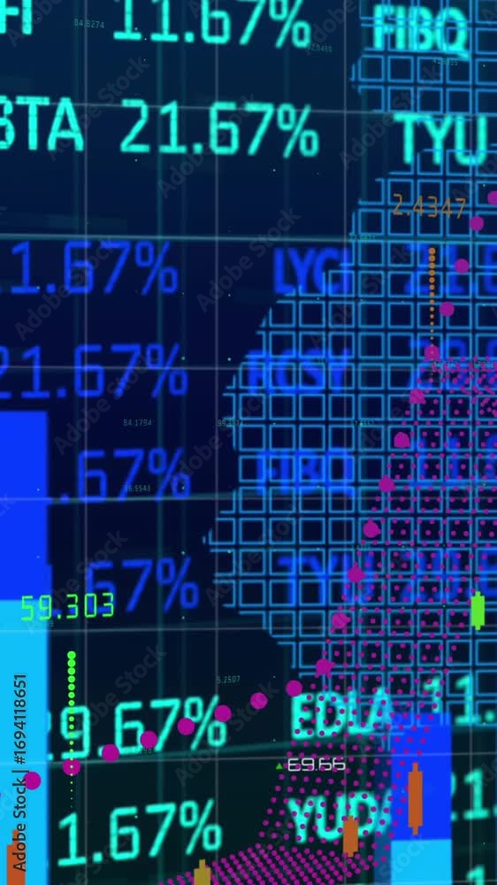 Aufkleber animation of data processing and stock market over world map on blue background