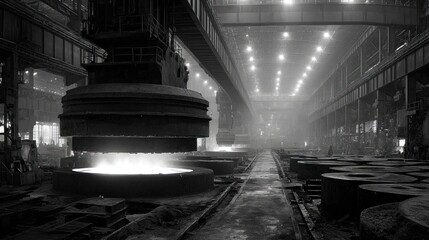 Heavy Industrial Black and White Image of Steel Production in Factory