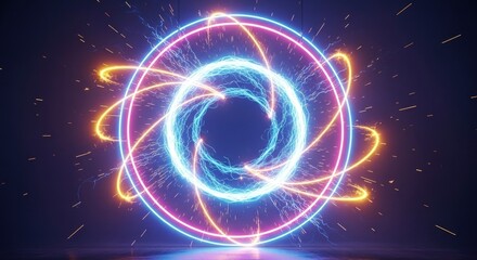 Fototapeta premium Vibrant glowing concentric rings of light and swirling energy with sparks emanating from a central core on a dark reflective surface