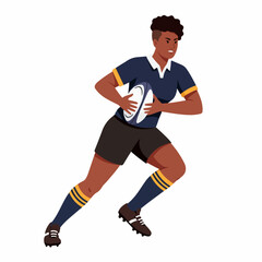 Determined female rugby player charging forward with the ball