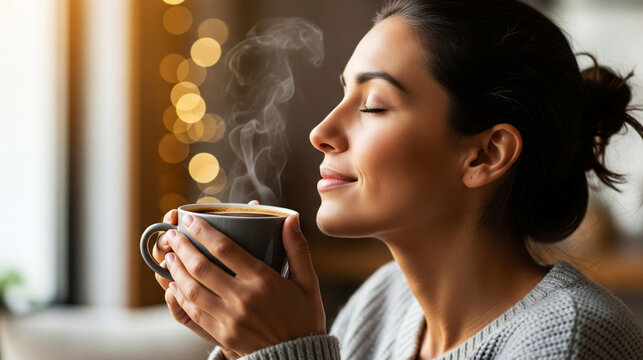 Serene woman with eyes closed enjoying the warm aroma of a steaming cup of coffee