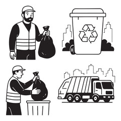 Trash utility, disposal and recycling concept set Vector