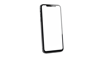 A sleek, modern, dark grey smartphone with an illuminated, empty white screen, isolated against a seamless transparent background, concept of digital potential and mockups