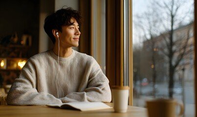 a young East Asian man sitting at a wooden table in a cozy café, wearing a light sweater and white earphones