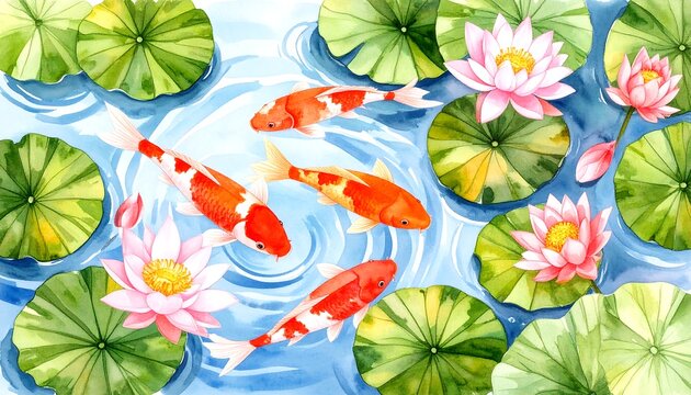 A serene watercolor scene depicting koi fish swimming amidst lily pads and blooming pink water lilies in a tranquil pond with light reflecting - Powered by Adobe