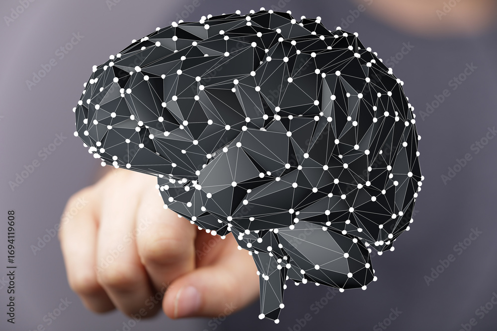 Poster concept image of a digital brain, showcasing neural network connections and artificial intelligence.