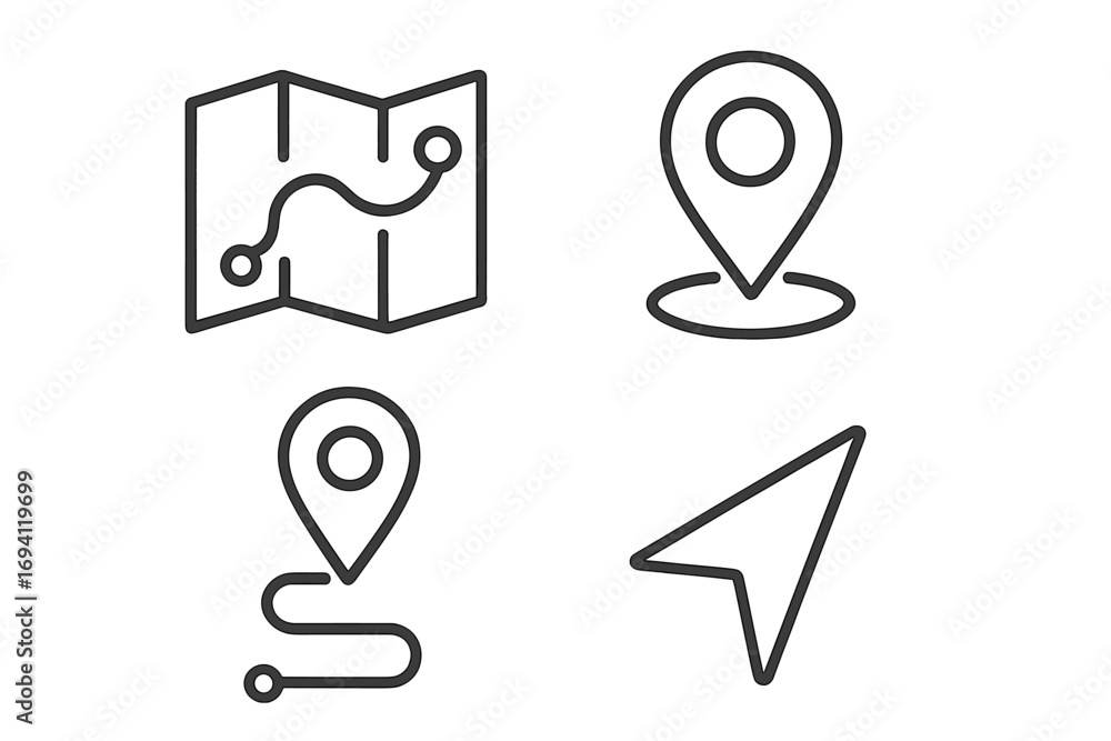 Fototapete map navigation outline icon set for gps and location-based services. vector collection includes rout