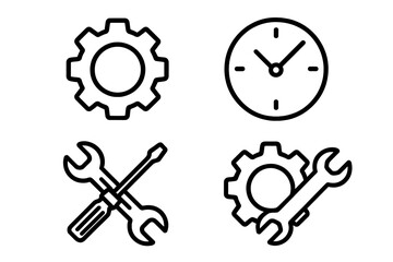 Mechanical vector icon set. Gear, clock, and engineering tools. Outline style collection for concepts like maintenance, service, repair, and settings. Technical symbol pack.