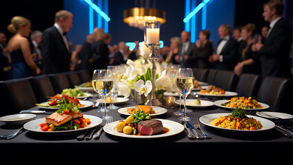 Elegant formal dinner party with beautifully plated gourmet meals and champagne glasses set on a long table with guests in the background at a sophisticated event