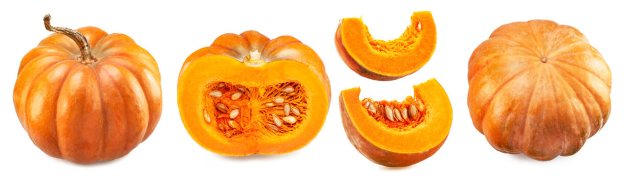 Set of  round pumpkins and pumpkin slices isolated on white background. File contains clipping paths.