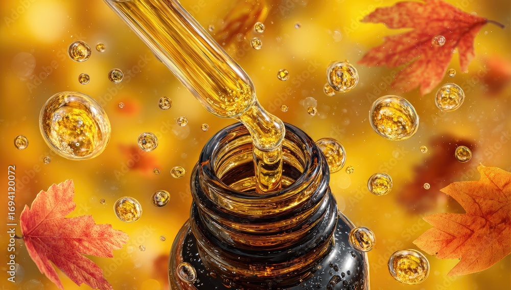 Poster amber liquid flows from a dropper into a bottle, surrounded by autumnal leaves and glistening bubble
