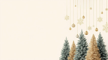 Minimalist Christmas background with elegant gold ornaments and snowflakes hanging above green and golden pine trees, festive holiday greeting card template for New Year celebration design