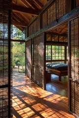 Tranquil interior of a wooden house with bamboo partitions, showcasing natural light filtering through the windows and creating shadows on the warm wooden floors.