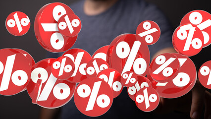 3D rendering of red percentage symbols floating, ideal for discount, sale, finance concepts.
