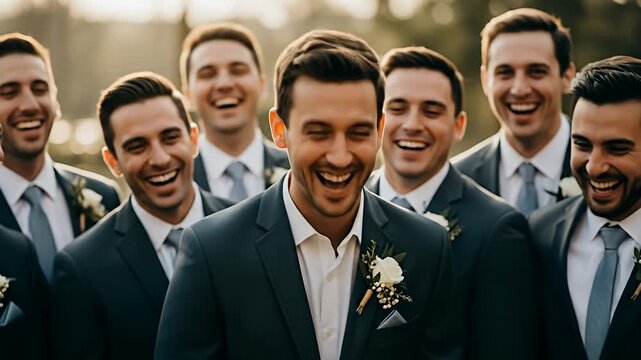 Group of men in suits laughing together in an outdoor setting, golden light